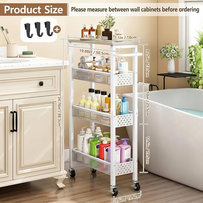 Utility Slim Rolling Storage Cart, 4-Tier Narrow Metal Organizer with Wood Top, 7.1" Width Utility Cart for Kitchen, Bathroom, Laundry Room, Small Spaces, White - Image 5