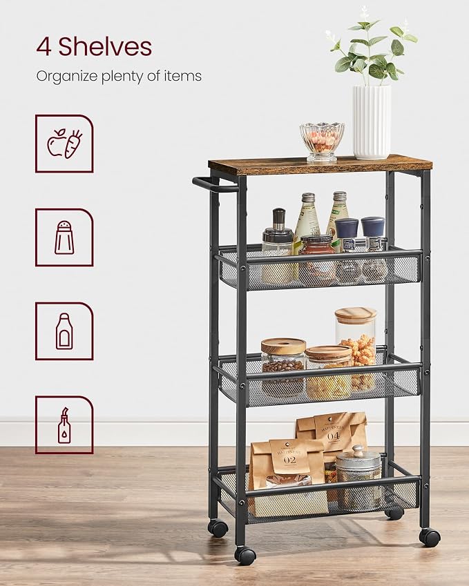 VASAGLE Slim Rolling Cart, 4-Tier, 8.7 Inches Deep, Steel Frame | Storage Cart with Handle, Narrow for Kitchen, Living Room, Rustic Brown and Matte Black, DACEY Collection ULRC033B01 - Image 3