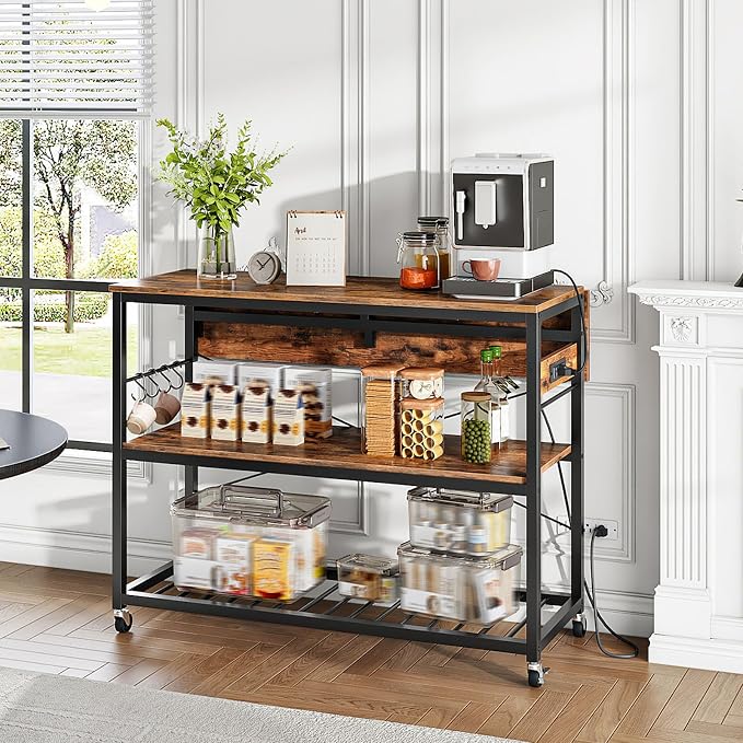 Kitchen Island with Power Outlet and Folding Top, Movable with 3-Tier Storage, Large Size, Wooden Shelves and Wine Rack, for Kitchen, Dining and Living Room, Rustic Brown and Black TZD02UBF - Image 8