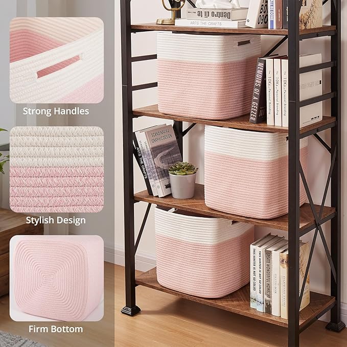 OIAHOMY 13 Inch Cube Storage Bins, 3-Pack Cotton Rope Woven Baskets for Organizing, Insert Storage Baskets for Shelves, Baby Nursery, Closet Organizer, 13 * 13 * 12.6IN, Pink & White - Image 3