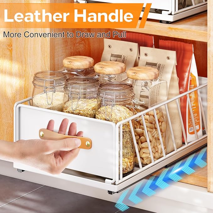 Pull out Cabinet Organizer,Heavy Duty Slide out Pantry Shelves Drawer Storage with Adhesive Nano Film,Sliding Mesh Cabinet Basket with Handle for Kitchen, Bathroom, Home, 11.8W" X 15.7"D X 6.2"H,White - Image 7