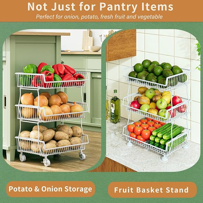 OKZEST Pantry Organizers and Storage Cart with Upgraded Metal Hub Casters | Fits under pantry shelf, Stackable fine-mesh wire baskets, 3-Tier rolling cart holds drink, snack, can, potato, onion, fruit - Image 6