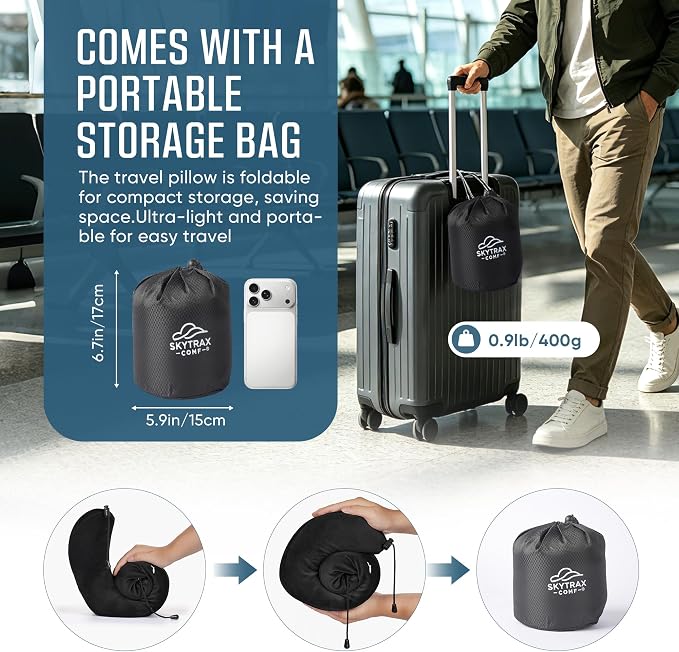 SkytraxComf® Travel Neck Pillow with Hood for Privacy on Long Flights | Memory Foam | Airplane Sleep | Safety-Tested Materials | Extra Large Hood | Chin Support | Earplugs | Washable Cover - Image 8