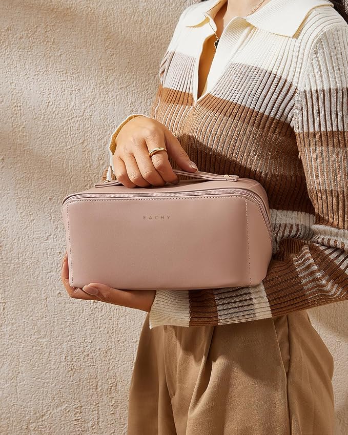 EACHY Travel Makeup Bag for Women, PU Leather Cosmetic Bag, Pink, Medium | Water-resistant PU leather exterior with flat-open access, clear TPU brush compartment and organized storage for cosmetics - Image 8