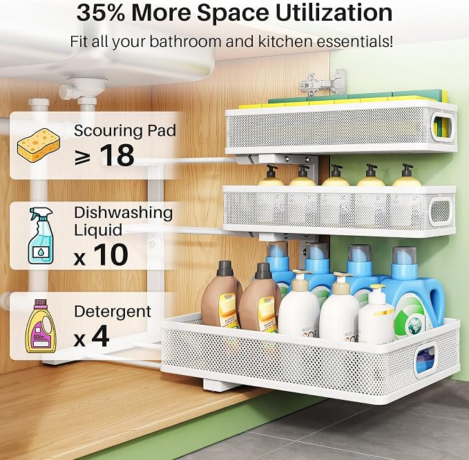 Kitstorack Under Sink Organizer, 2-Pack 3-Tier Height Adjustable Thickened Metal Pull out Cabinet Organizer Shelf, Slide out Storage Drawer Rack for Bathroom Kitchen Pantry Home Laundry Organization - Image 5