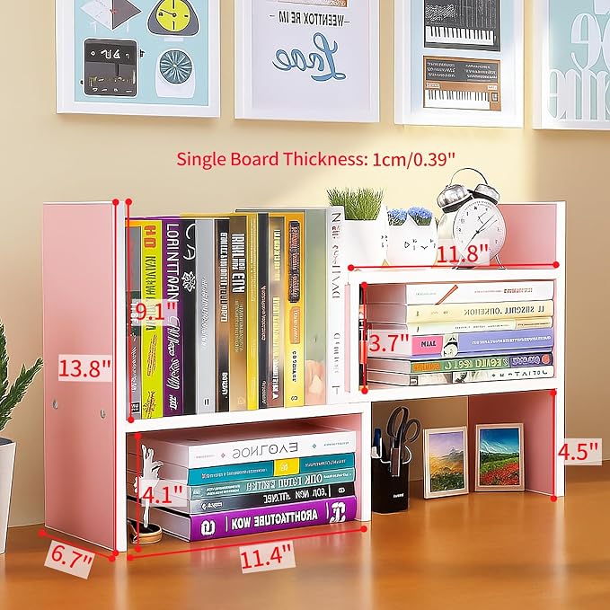 Desktop Shelf Organizer, Adjustable Wood Office Storage Rack, Counter Display Small Bookshelf for Home/Office/School(Pink) - Image 2