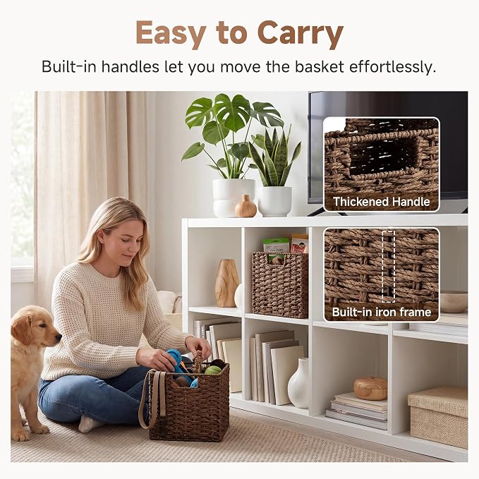 StorageWorks 9 inch Cube Storage Bins, Wicker Baskets for Storage, Brown | 2-Pack, Handwoven Wicker Storage Cubes,Paper Rope Square Cube Organizer Bins,Foldable,Baskets for Organizing,9x9 Storage Cube - Image 4