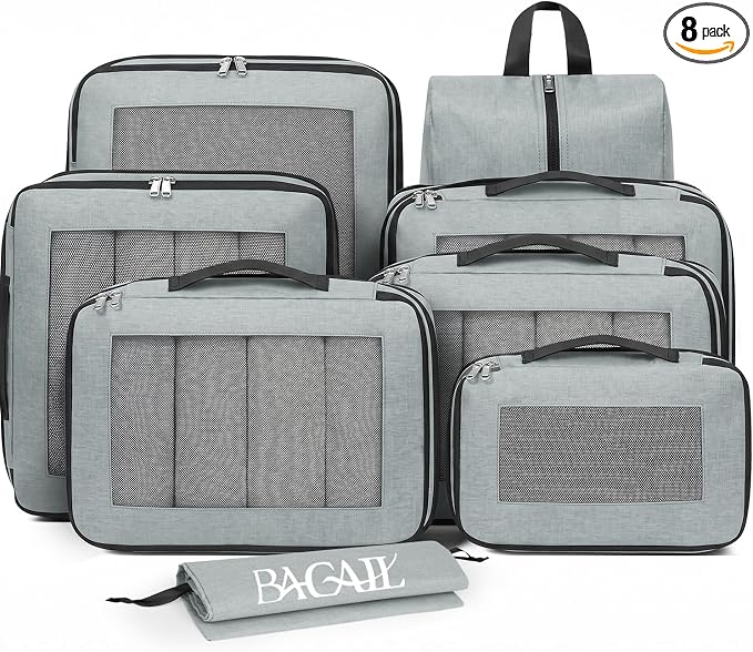 BAGAIL 8 Set Compression Packing Cubes, Expandable Luggage Organizer Bags for Travel Accessories (Gray) by BAGAIL