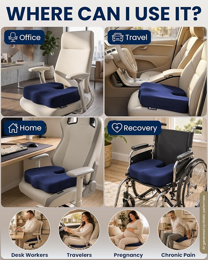 5 STARS UNITED Seat Cushion - Memory Foam Chair Cushion for Tailbone Pain Relief - Ergonomic Support for Coccyx, Sciatica & Butt - Office, Desk & Gaming Chair, Car Seat, Wheelchair, Airplane, Blue - Image 3