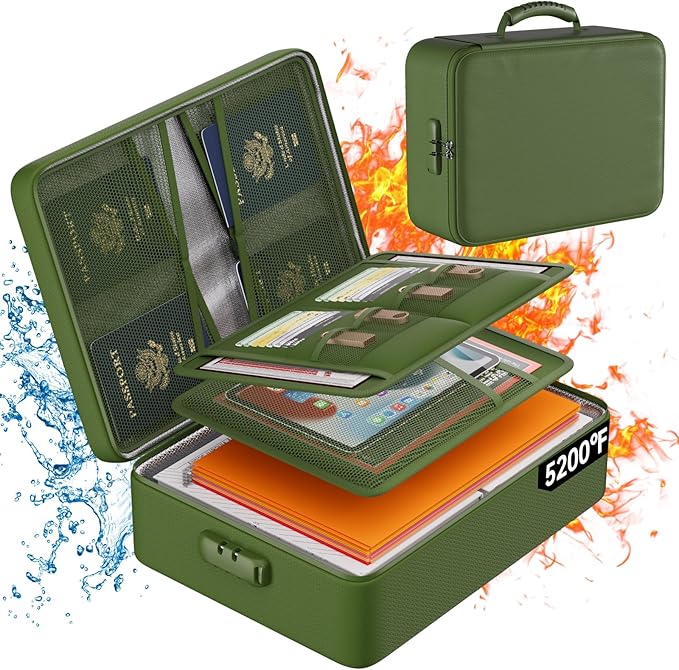 DocSafe 5200°F Fireproof Document Organizer Box with Lock, Green (Soft) | Heat Insulated 8 Layers File Protection Bag,Water-Resistant Zipper,Portable Home Office Travel Safe Storage for Files,Laptop by DocSafe