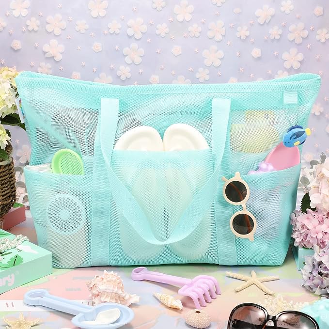 Tagitary Mesh Beach Bag with Zipper Large Beach Tote Waterproof Sandproof with 8 Pockets for Toys Pool Bag Beach Accessories - Image 2