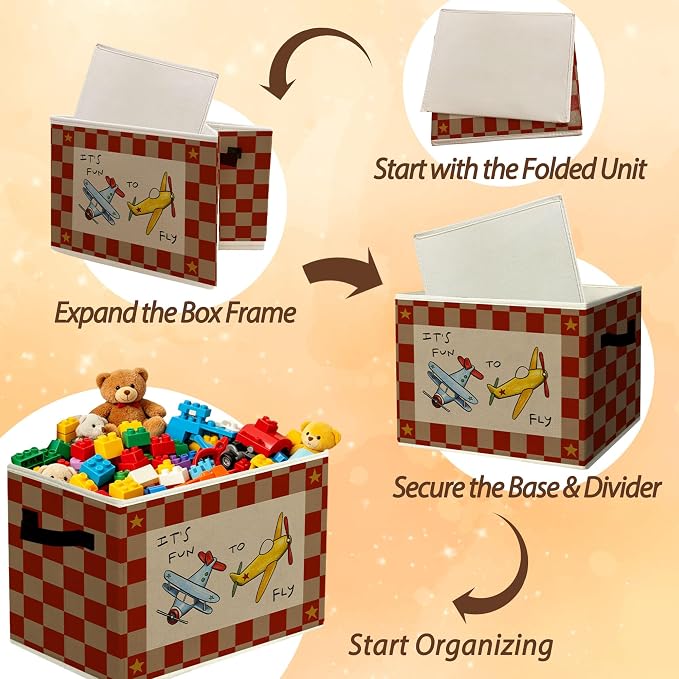 Rustic It's Fun To Fly Airplane Storage Bins Boxes with Handles | toys books clothes, red checkered nursery foldable basket for organizing bedroom toddler room playroom - Image 6