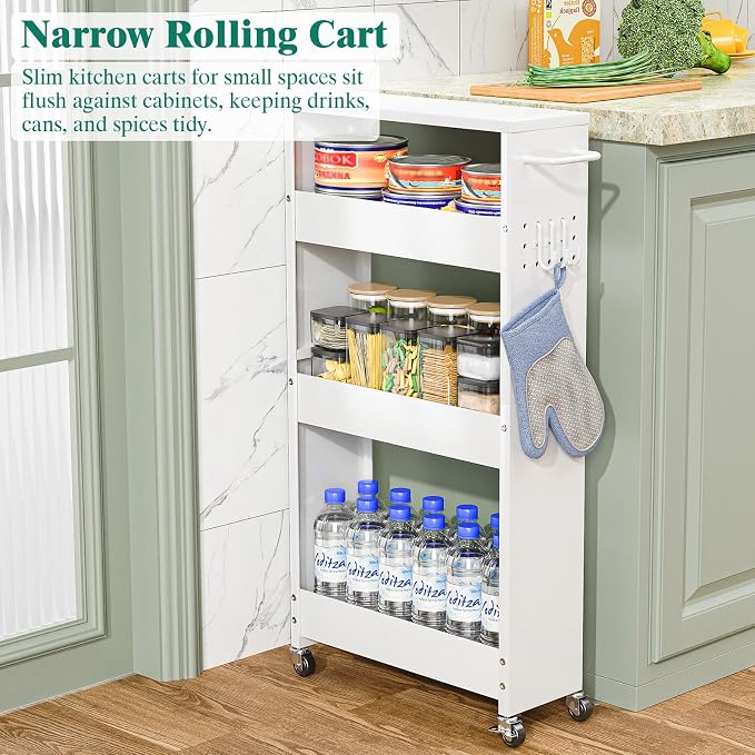 XYZLVSI Slim Storage Cart, Narrow Kitchen Rolling Cart for Small Spaces | 5.9" W skinny storage cart, 12.4" bottom metal utility cart with 360° swivel wheels for bathroom/laundry, slim shelf, white - Image 6