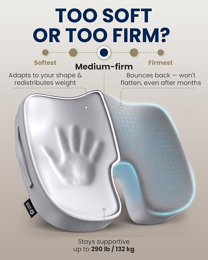 5 STARS UNITED Seat Cushion - Memory Foam Chair Cushion for Tailbone Pain Relief - Ergonomic Support for Coccyx, Sciatica & Butt - Office, Desk & Gaming Chair, Car Seat, Wheelchair, Airplane, L Gray - Image 6