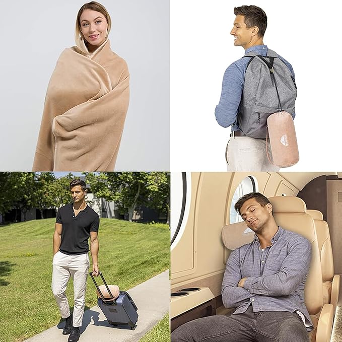 BlueHills Premium Soft Rolled Travel Blanket Pillow Combo Airplane - Beige | Must Have Travel Essentials, Airplane Accessories, 70 X48 Large Blanket, Matching Carry Case, Carabiner, Long Flight Comfort - Image 3