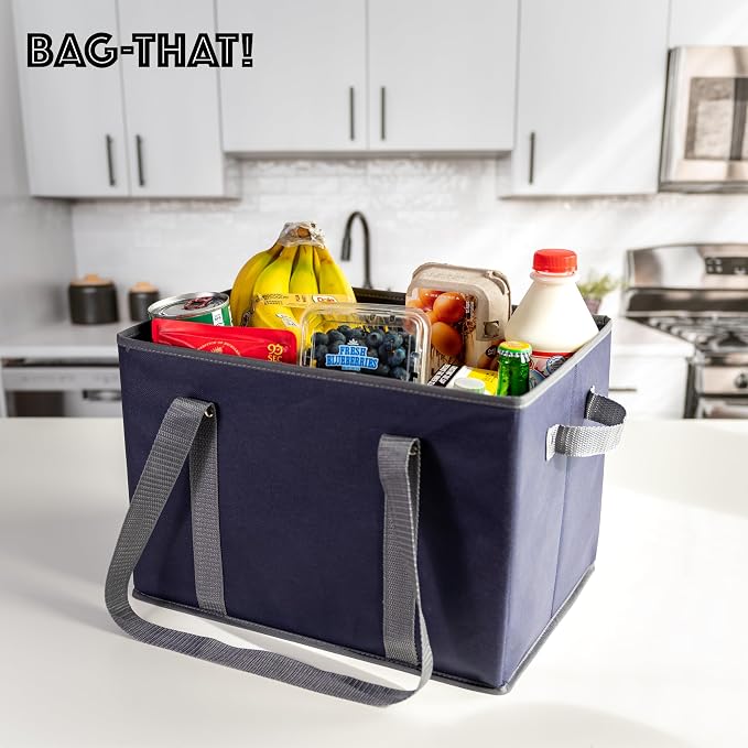 BAG-THAT! 4pk Reusable Grocery Bags Shopping Bags Tote Box Large Heavy Duty Groceries Bag Handles Foldable Reinforced Bottom (Navy Blue/Gray) - Image 7
