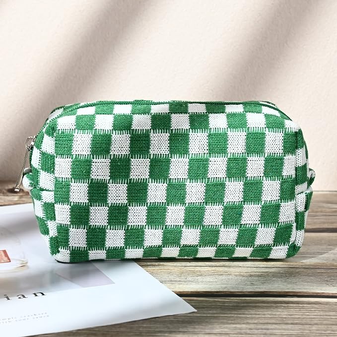SOIDRAM 2 Pieces Makeup Bag Large Checkered Cosmetic Bag Capacity Canvas Mix Travel Toiletry Bag Organizer Cute Makeup Brushes Aesthetic Accessories Storage Bag for Women, Checkered Mix Green - Image 7