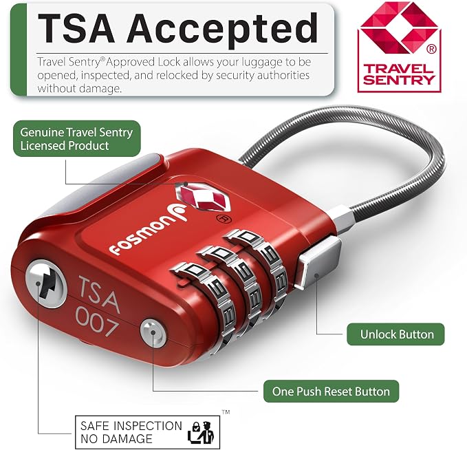 Fosmon TSA Approved Cable Luggage Locks, 3 Digit Combination, 2 Pack Red | Push Release Button, Re-settable Combo, Durable Alloy Body, Suitcase Travel Lock, Travel Bag Cable Padlock - Image 2