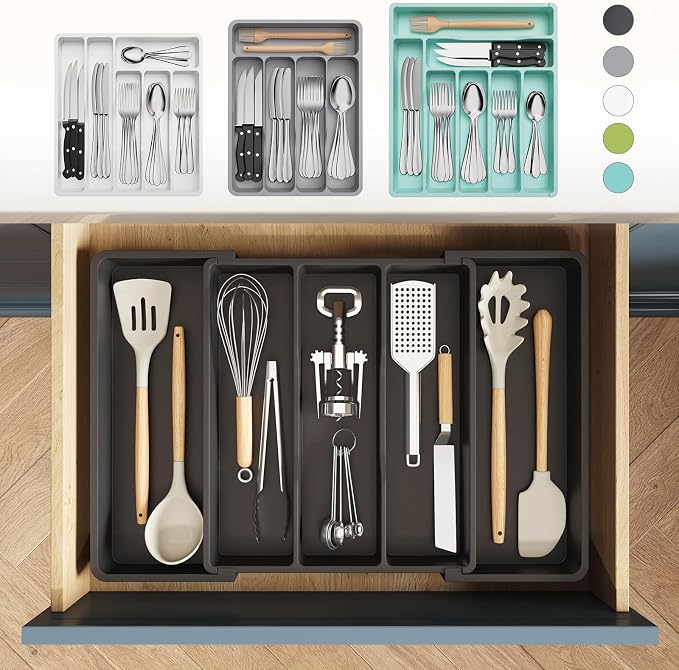 Lifewit Utensil Organizer for Kitchen Drawers, Expandable Utensil Tray | Adjustable Cooking Cutlery Silverware Flatware Holder, Plastic Spatula Tools Storage Divider, 13-22 x 15", Black - Image 3