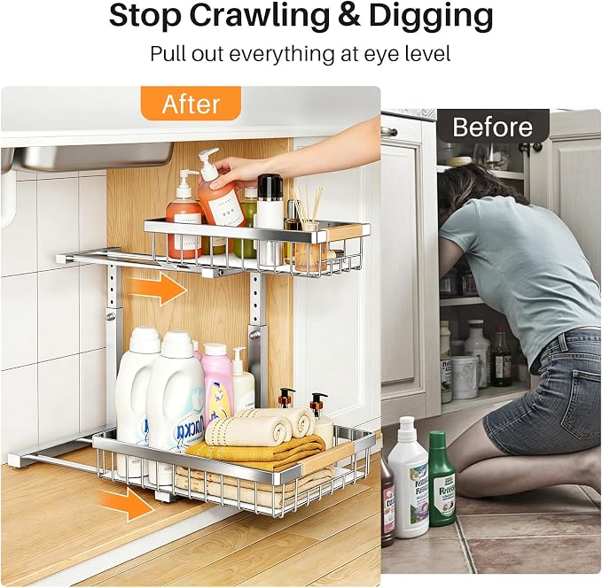 PXRACK Under Sink Organizer, Adjustable Height, 2 Tier Pull Out Cabinet Organizer, Slide Out Thickened Metal Storage for Kitchen Bathroom Laundry Pantry Cabinet, Stainless Steel, Silver, Large-1-Pack - Image 4