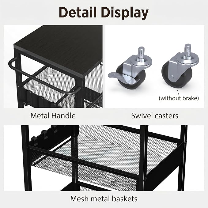 Rolling Utility Cart, 4 Tier Metal Storage Cart with Handle and Wood Top, Multifunctional Mobile Shelf Unit Organizer Trolley for Laundry, Bathroom, Kitchen - Image 6