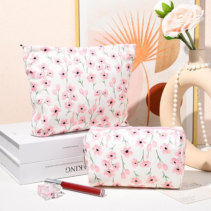 SOIDRAM 2 Pieces Flower Makeup Bag Large Floral Cosmetic Bag Capacity Canvas Mix Travel Toiletry Bag Organizer Cute Makeup Brushes Aesthetic Accessories Storage Bag for Women, Flower Mix Pink - Image 2