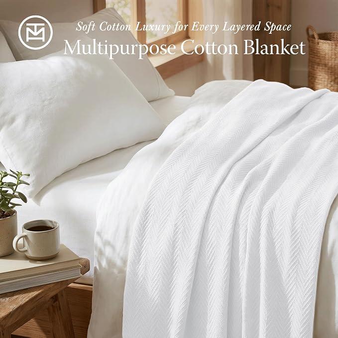 Threadmill Cotton Twin Blanket, Herringbone, White, 68x92 in, Breathable | 100% Cotton, Herringbone Pattern, 350 GSM, 68x92 in, Breathable, Moisture-Wicking, All-Season, OEKO-TEX Certified - Image 2