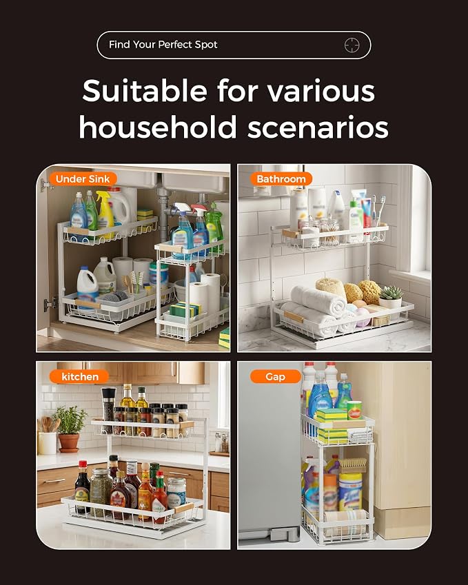 2-Pack 2-Tier Height Adjustable Under Sink Organizer & Storage | Multi-purpose storage for kitchen & bathroom cabinet. Extra Large white shelf, height adjustable design for space-saving. - Image 8