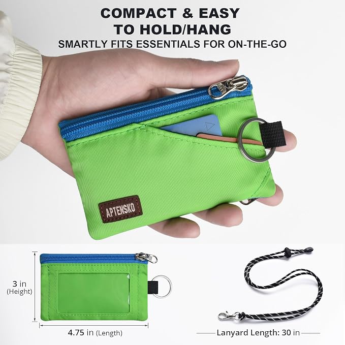 RFID Blocking Travel Wallet with Adjustable Lanyard, Small Nylon Zipper Pouch and Badge Holder for ID, Credit Cards, Cash, Keys, Commuters (Green) - Image 4