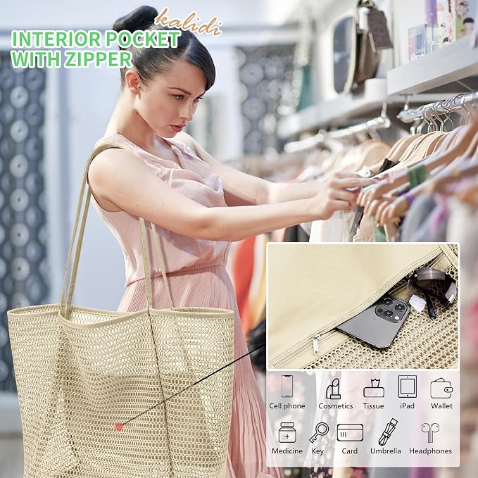 KALIDI Beach Mesh Tote Bag, Casual MAX 23L Summer Foldable Hobo Bag Women | Sandproof Widen Strap Large Shoulder Bag For Lake Pool Vacation Travel Picnic Grocery Market Shopping Carrier - Image 3