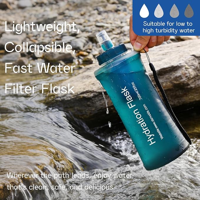GUYI 700ml Collapsible Water Filter Bottle, Removes Impurities, BPA Free, Ultralight for Hiking, Camping, Cycling & Travel-Dusty Blue - Image 3