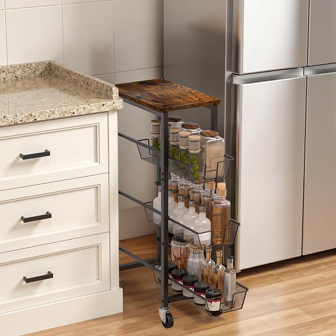 Slim Rolling Cart, 4-Tier Storage Cart, 9.1inch Narrow Kitchen Rolling Cart on Wheels for Small Space, Utility Cart Shelving Unit with Wooden Top and Metal Handle for Kitchen, Bathroom, Laundry Room by HONESTOUTFITTERS