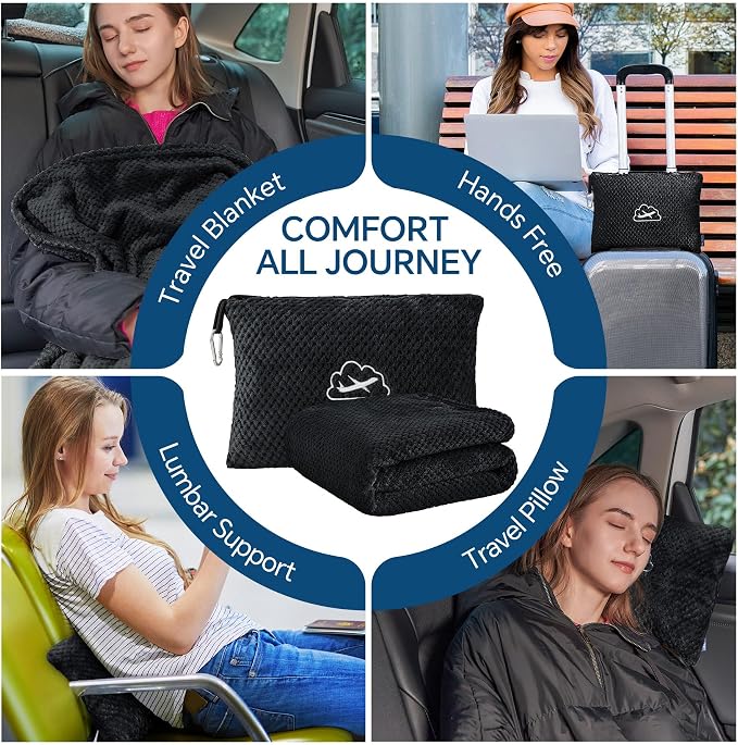 BEDELITE Travel Blanket with Bag, Jacquard Fleece Blanket 65"x40", Black | Ultra-soft Airplane Blanket, Luggage Sleeve & Backpack Clip, Travel Essentials for Women, Foldable as Pillow for Long Flight - Image 3