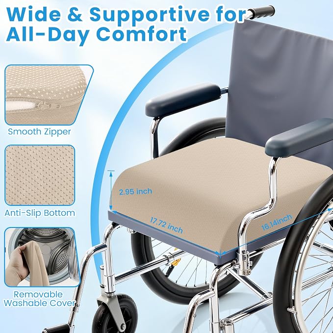 Wheelchair Seat Cushion for Pressure Relief, Cooling Gel Memory Foam Chair Cushion with Slope-Edge Design, Coccyx Support for Tailbone Pain, Non-Slip, for Wheelchairs, Office Chairs & Car Seats, Khaki - Image 7