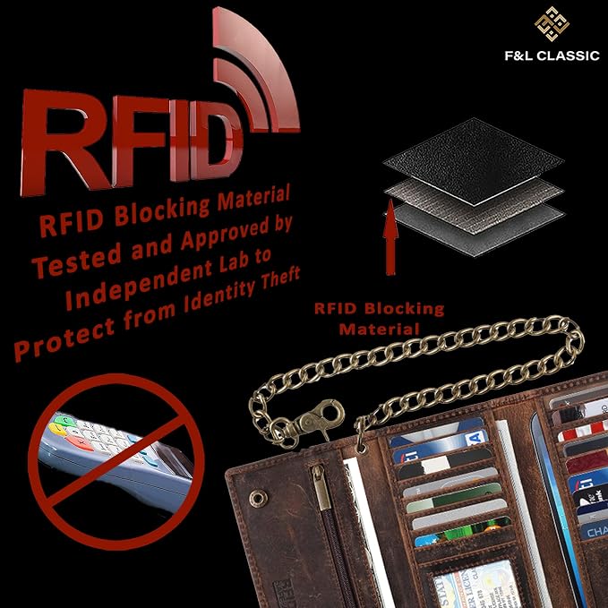 F&L CLASSIC RFID Blocking Mens Tri-fold Long Style Cowhide Leather Steel Chain Wallet,buffalo wax vintage leather,212 wax brown - Image 7