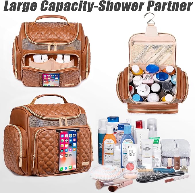 Large Leather Toiletry Bag for Women Men,Bathroom Bag,Water Resistant Shower Bag,Makeup Bag,Portable Shower Caddy for College Dorm,Hanging Travel Toiletry Bag with Transparent Waterproof Phone Pocket - Image 6