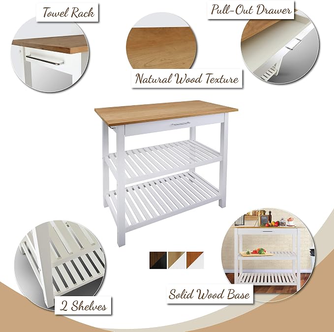 Kitchen Island with Solid Wood Top, White & Cherry Natural - Image 3