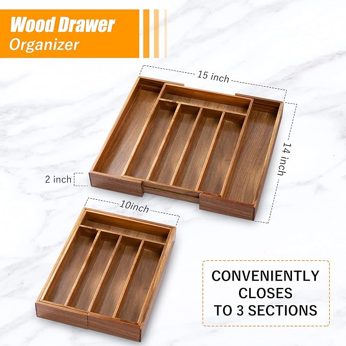 Bellsal Acacia Silverware Organizer Kitchen Drawer Organizer Expandable Bamboo Utensil Holder Cutlery Tray for Kitchen Utensil and Flatware Bedroom Office - Image 3