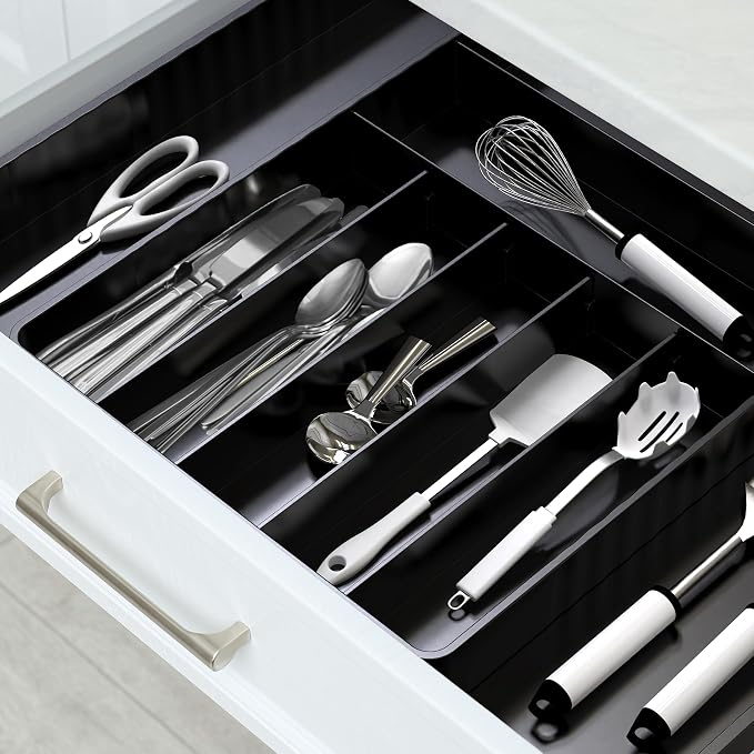Simple Houseware Expandable Kitchen Drawer Flatware Organizer, Black | Expandable Kitchen Drawer Flatware Organizer, Black – Adjustable Cutlery Tray with 9 Compartments for Utensils and Silverware - Image 9