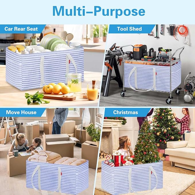 LHZK Standing Extra Large Utility Tote Bag with Metal Wire Frame and the Sides Rinforced, Extra Large Tote Bag with Handle, Reusable Grocery Bags Foldable, Beach Bag, Car Tote (Blue, 26''x15''x13'') - Image 9
