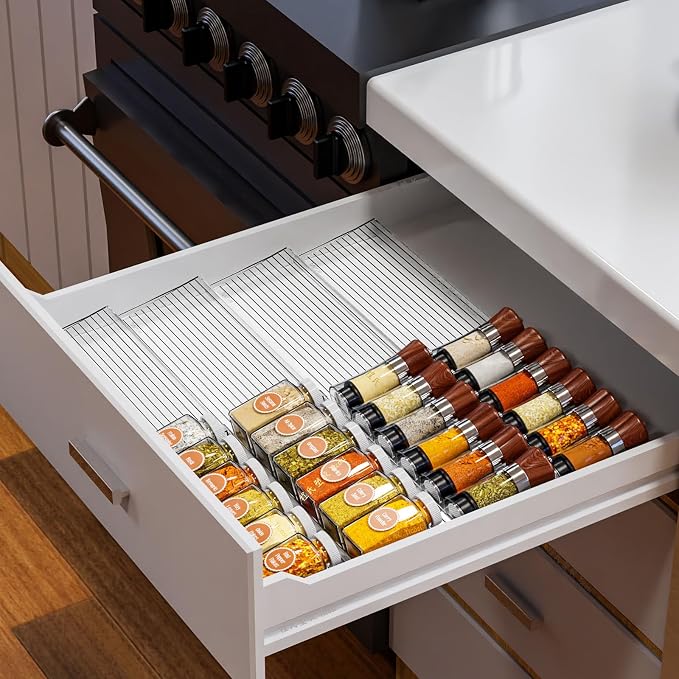 8 Pack Adjustable In Drawer Spice Organizer - Expandable From 11'' to 22'' - Acrylic Drawer Seasoning Organizer,Clear Spice Organization Tray for Cabinet Drawers Condiment,Nail Polish and Jar - Image 8