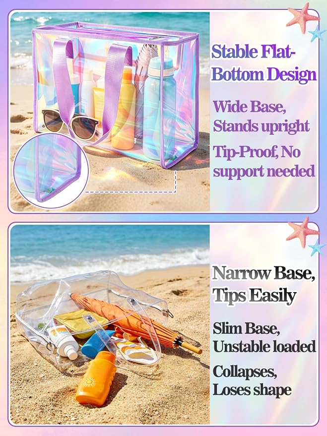 Cosweet Iridescent Beach Tote Bag with 3 Small Pouch for Women | 26L Waterproof Clear Jelly Bag, Tip-Proof Foldable, Small Pouch for Phone Makeup, for Pool Cruise Travel Gifts - Image 6