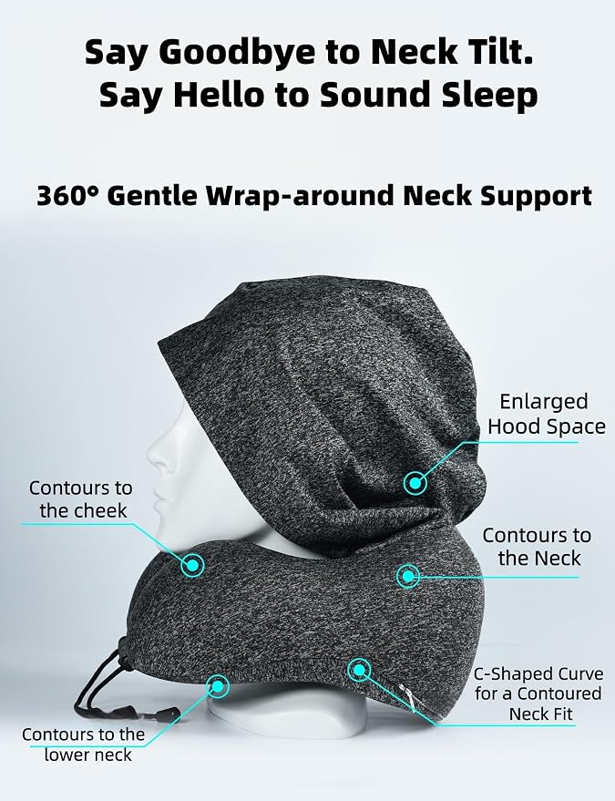 Travel Neck Pillow with Extra Large Hood Rollable Airplane Hooded Neck Pillow with Memory Foam Filling and Removable, Skin-Friendly Cover with a Carrying Case & Pouch (Cationic) - Image 5