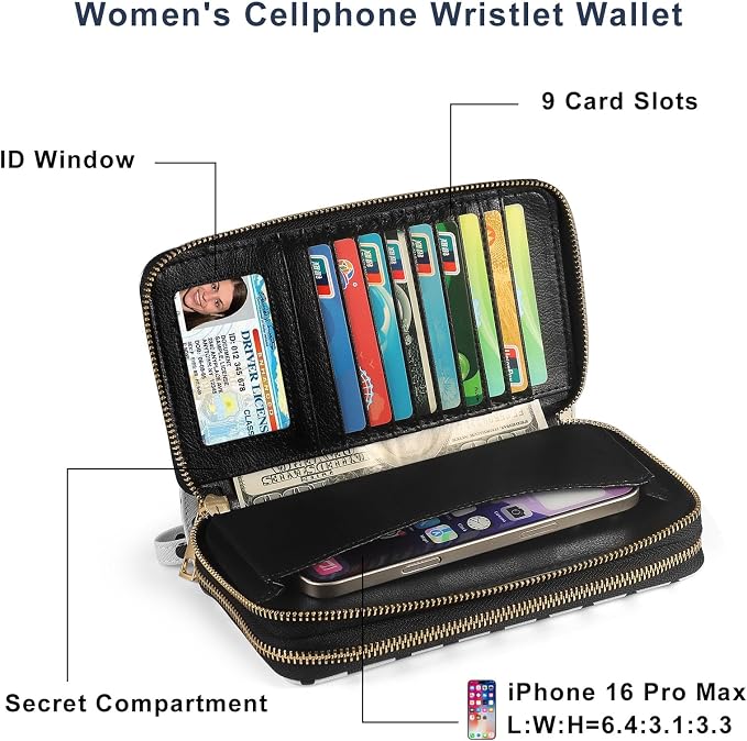 RFID Blocking Cellphone Wallet for Women with Removable Strap, Large Capacity Multi Card Wristlet Purse for Travel, Coin Pocket & Double Zipper, Polka Dot - Image 2