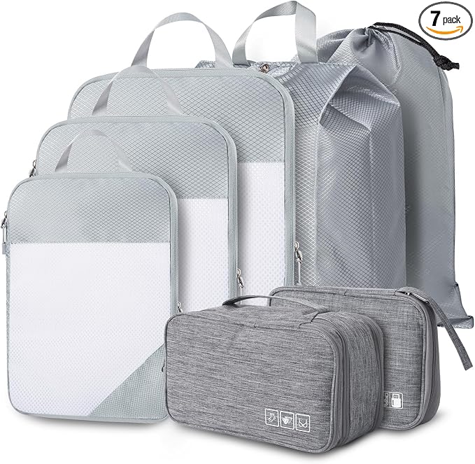 Compression Packing Cubes, 7 Set Packing Cubes for Travel Compression, Lightweight Compressible Package Organizer for Carry On and Suitcases, Light Grey by OPLEBEPE
