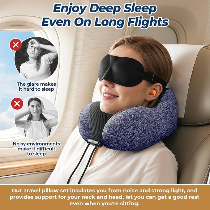 ExploreBliss Travel Pillow, Neck Pillow Airplane, Mottled Blue | Travel Pillows for Airplanes, Neck Pillow Airplane, Memory Foam Neck Pillow Set with Eye Mask, Earplugs - Image 5