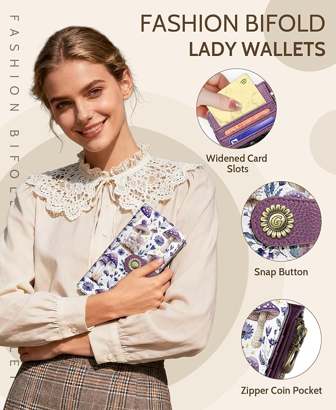 GIANCOMICS Mushroom Womens Wallet RFID Blocking, Credit Card Holder Bifold | Billfold, Cute Cash Purse, Travel Zipper Coin Pocket, Compact Clutch, PU Leather, ID Window, 11 Card Slots, Ladies Gift Woman - Image 6