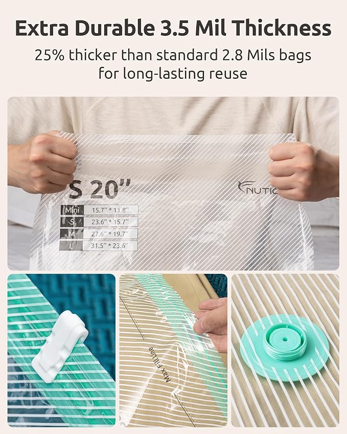 Vacuum Seal Bags for Clothing Travel with Cordless Electric Pump, 20 Pack | 4 Combo Size, Compression Packing Bags for Clothes, Blankets, Bedding, Home Seasonal Storage, Luggage & Suitcase Space Saver - Image 4
