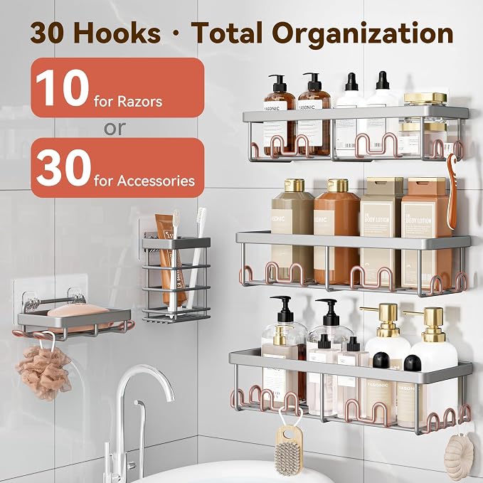 Shower Caddy Adhesive, Rustproof Shower Organizer, Wall Shower Rack | Large Capacity Shower Shelves for Inside Shower, Shampoo Shower Holder, Grey, 3 Caddies, 1 Soap Dish, 1 Toothbrush Holder - Image 3