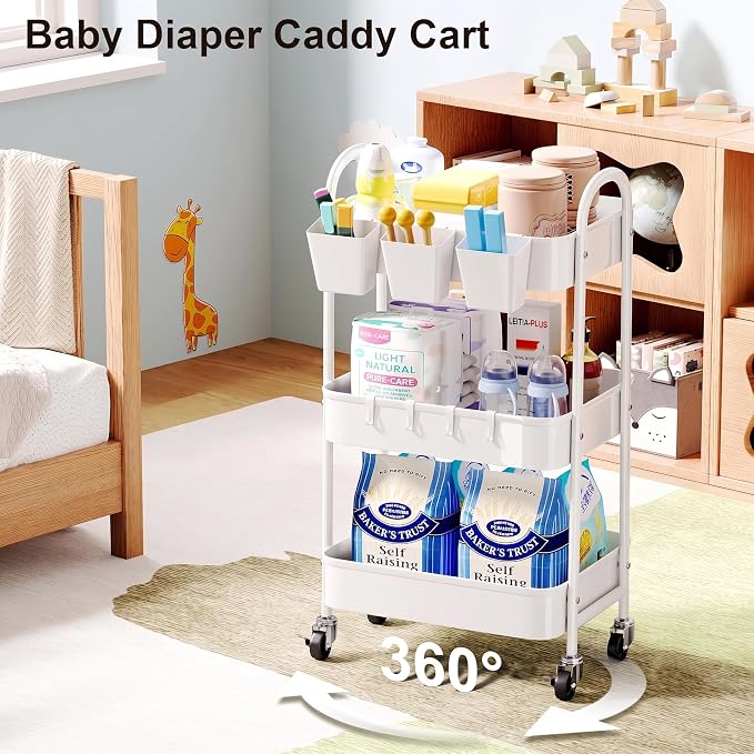 3 Tier Heavy Duty White Metal Rolling Cart with Lockable Wheels,Roller Cart | Three Tier Book Snack Cart, Utility Storage Organizer Carts for Kitchen, Bathroom, Garage, Baby Diaper, Craft, Art, Teacher - Image 4